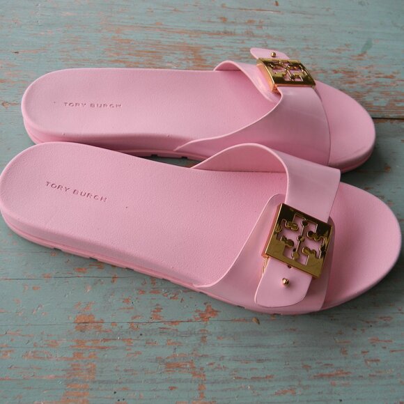 TORY BURCH MELLOW SLIDES SZ 9 LEATHER ROSA CANDY PINK COMFORT SANDALS - Picture 2 of 8